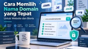 Ilustrasi cara memilih nama domain untuk website dan bisnis dengan pertimbangan merek, ekstensi, dan keamanan.