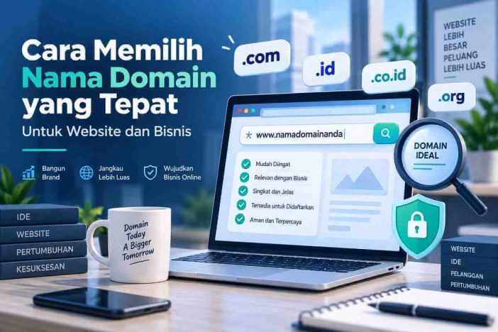 Ilustrasi cara memilih nama domain untuk website dan bisnis dengan pertimbangan merek, ekstensi, dan keamanan.
