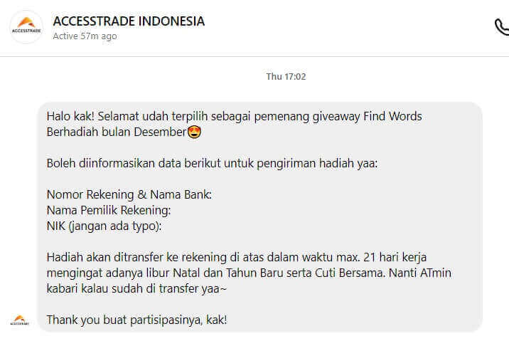 Konfirmasi Pemenang Giveaway Find Words Berhadiah bulan Desember 2023