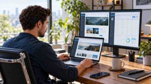 Ilustrasi cara search and replace database WordPress melalui laptop administrator website