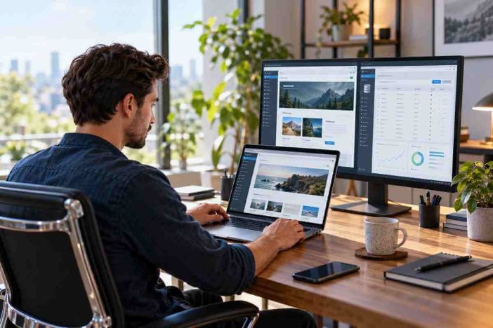 Ilustrasi cara search and replace database WordPress melalui laptop administrator website